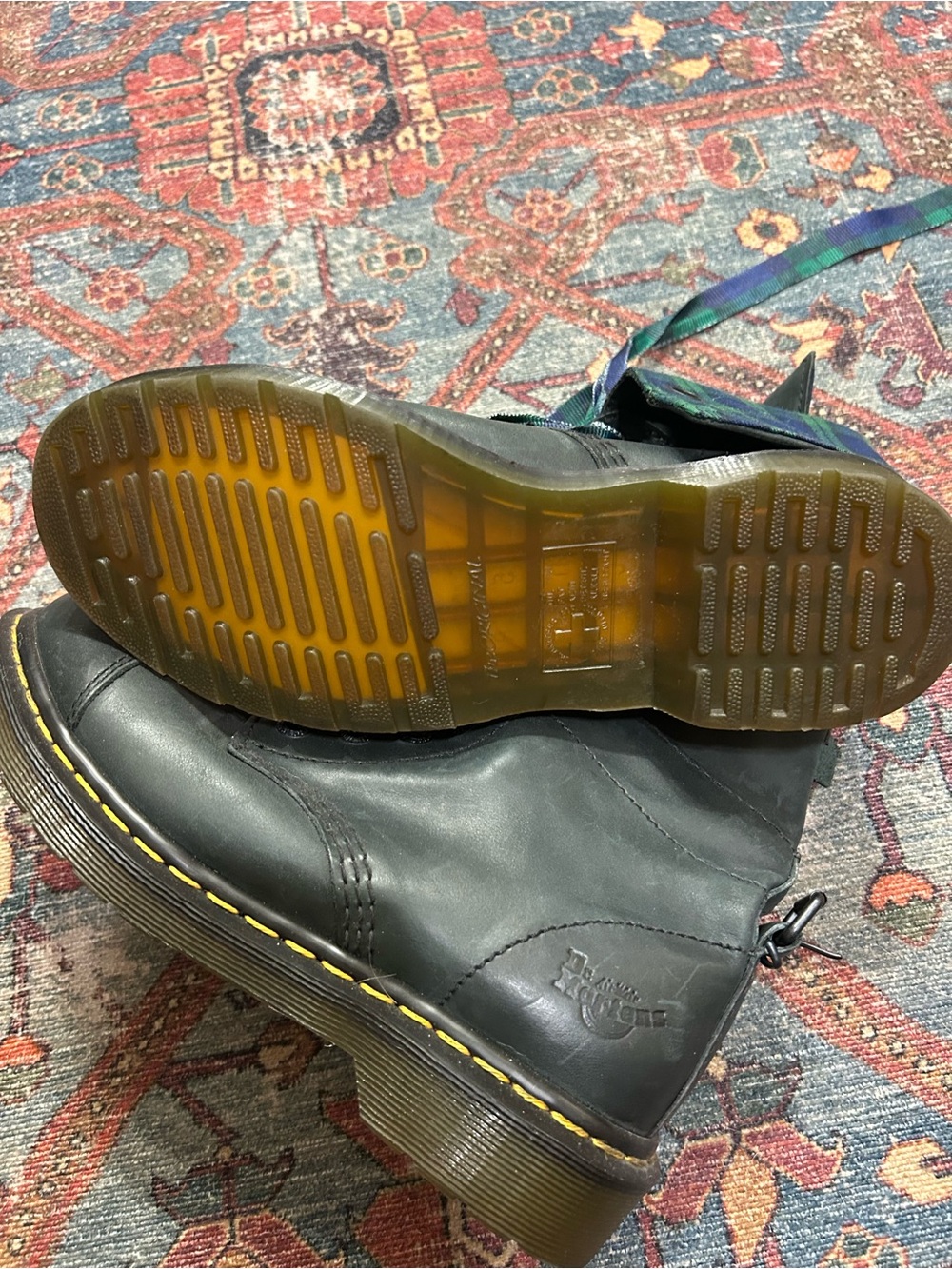 Dr. Martens Black Leather Boots with Green & Blue Tartan - Picture 5 of 5